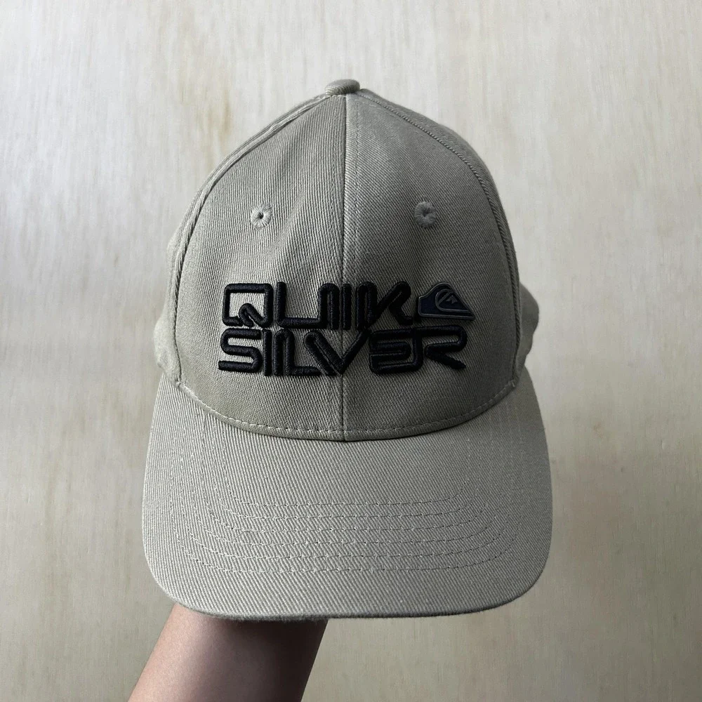 Y2K Quiksilver Hat Cap Mens One Size Beige Twill Stretch Baseball Logo Fitted